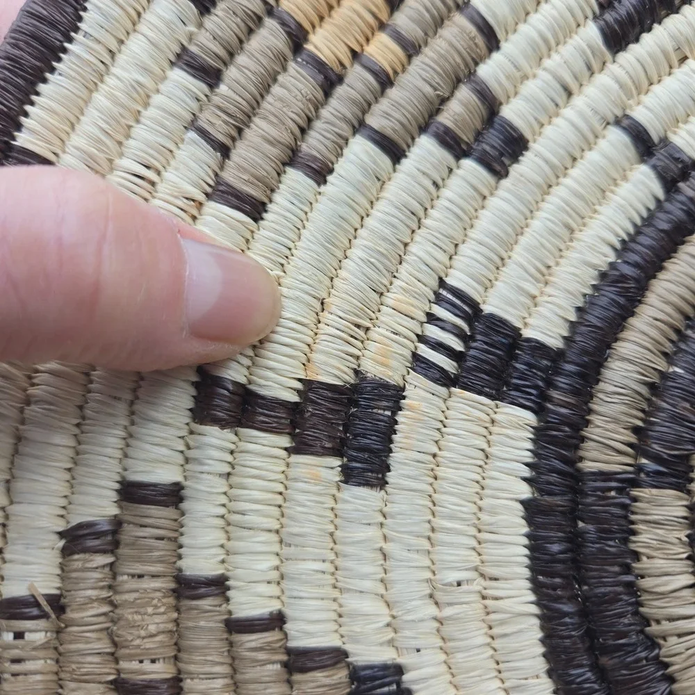 Handwoven Coiled Basket Bowl Geometric Turtle Brown‎ Cream Southwest Style 9.75